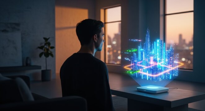 Man observing futuristic smart city hologram with flying vehicles. Urban development concept using innovative holographic technology for planning.