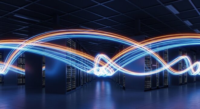 Digital data flow passing through server room. Futuristic network connection in data center. Big data transmission concept for high speed internet.