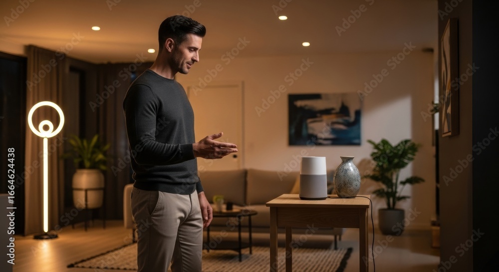 Poster caucasian man using smart home device. modern control voice assistant. man connecting to innovative 