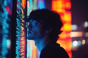 A young man with glasses intently studies a screen filled with colorful code at night.