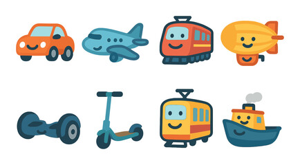 Fototapeta premium Cartoon transportation icons: car, plane, train, blimp, hoverboard, scooter, boat