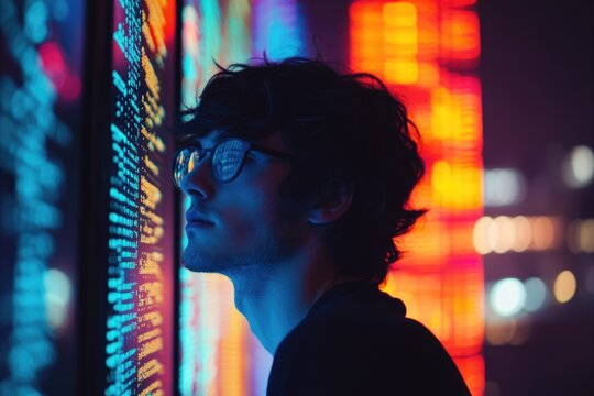 A young man with glasses intently studies a screen filled with colorful code at night. - Powered by Adobe