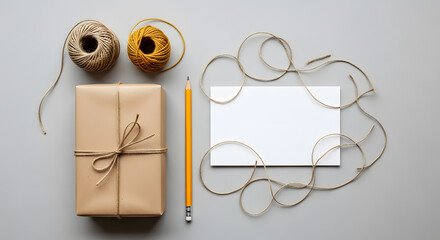 Gift box with twine pencil and blank card present wrapped