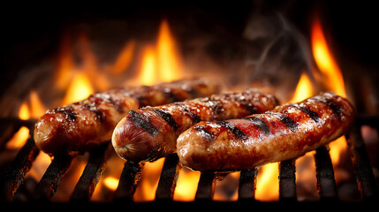 Hot delicious hot dogs on a grill with flames, Juicy hot dogs grilling over flames. Food culinary presentations