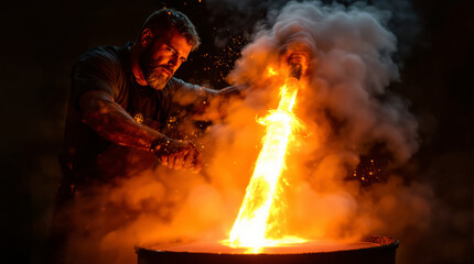 Focused Blacksmith Forges Glowing Sword in Fiery Workshop