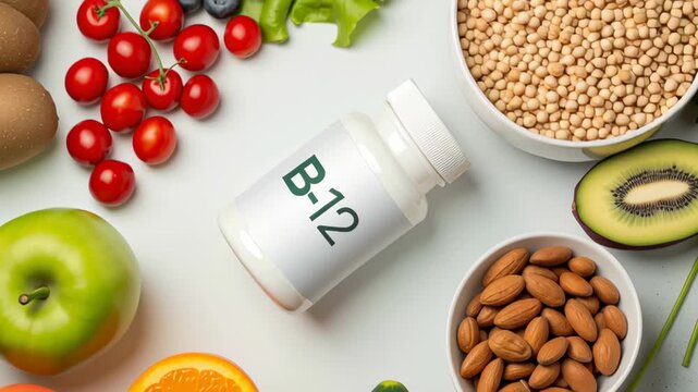 Vitamin B12 supplements concept ,B12 Supplement Surrounded by Fresh Fruits, Vegetables, Nuts, and Grains for Optimal Health