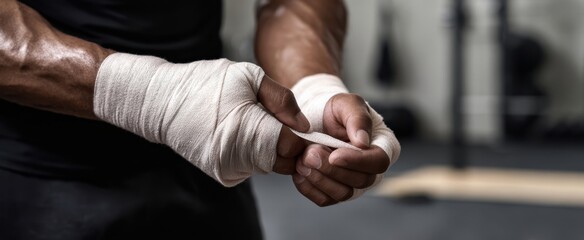 The boxer wrapping his hands with tape before an intense boxing training session