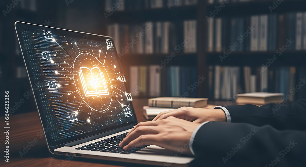 Poster person using a laptop with a glowing digital book icon symbolizing online learning and knowledge acq