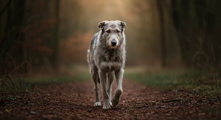 A grey large dog walks forward on a path covered in leaves set against a blurred forest backdrop