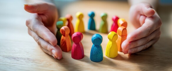 The wooden pawns sheltered by gentle hands in a colorful community circle promoting unity