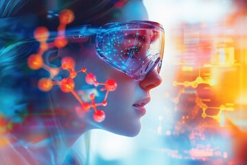 A woman wearing futuristic goggles, overlaid with vibrant visualizations of molecular structures and data streams, symbolizing technological advancements in science.