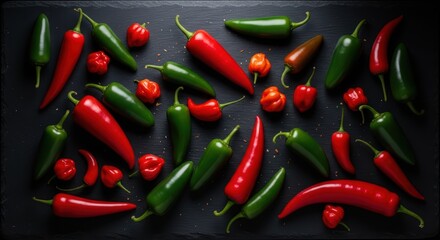 Variety of red and green peppers on dark slate background