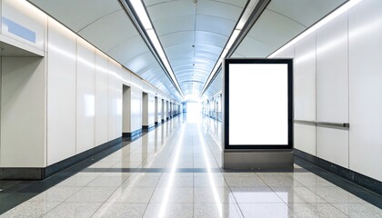 A modern, bright corridor showcases a blank advertisement display, highlighting clean lines and reflective surfaces.