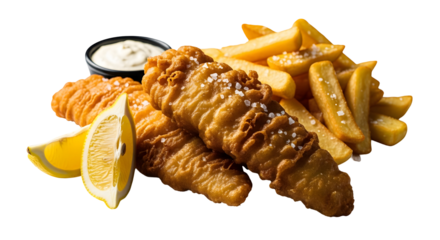 Golden beer-battered fish and chips served with thick-cut french fries, creamy tartar sauce, and a fresh lemon wedge, isolated on a white background