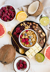 Healthy Breakfast Flat Lay with Granola and Fruits