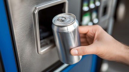 A hand returning a can in the recycling machine to reduce waste and reuse. Recycling concept
