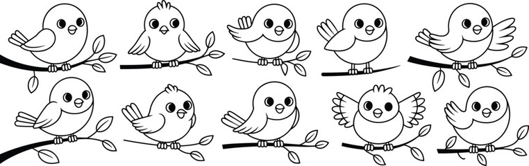 Cartoon birds on branches, black and white line art, cute wildlife illustration, perched animals, coloring page design, nature drawing, avian artwork