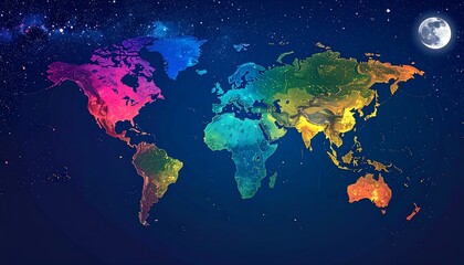 Fototapeta premium World map at night, vibrant colors
