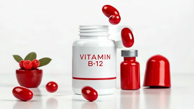 Vitamin B12 supplements concept ,Vitamin B 12 Supplement Capsules Red for Enhanced Health and Wellness with Vibrant Energy