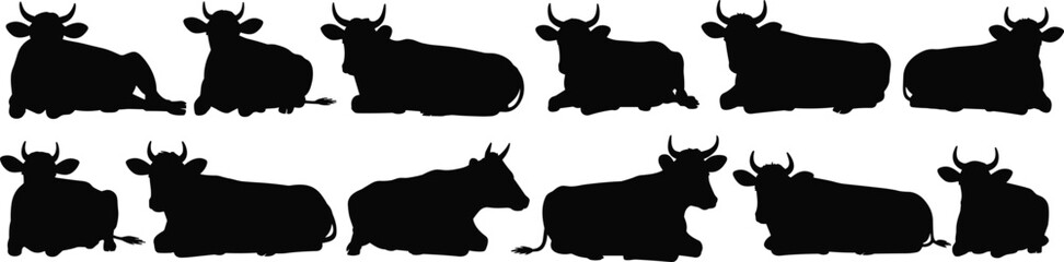 Silhouette, cow, lying, resting, cattle, farm, livestock, animal, agriculture, rural, pasture, horned, mammal, herd, nature, profile, black, vector, illustration, design