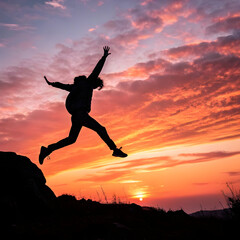 Fototapeta premium Sunset Silhouette: A Person's Joyful Leap of Faith