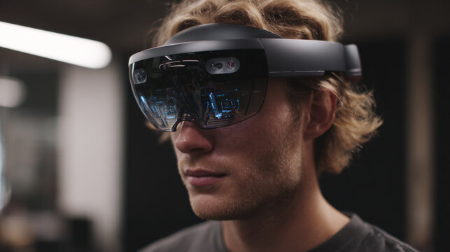 Young man wearing augmented reality headset with holographic interface reflecting digital data and futuristic technology