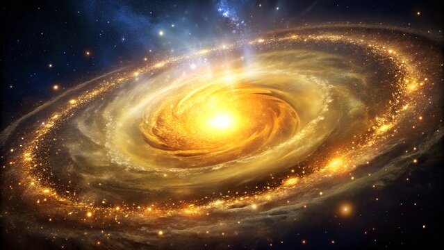 Golden spiral galaxy with a bright central core and glowing star trail
