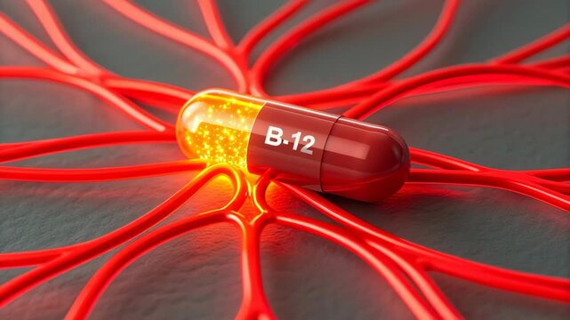 Vitamin B12 supplements concept ,Vibrant B 12 Capsule Surrounded by Glowing Red Veins Symbolizes Health and Nutrition Vitality