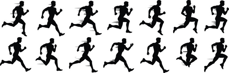 Black running silhouette sequence, sprint motion phases, athlete speed illustration, sports biomechanics vector, fitness training graphic, dynamic movement icons