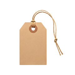 Blank brown kraft paper gift tag with natural rustic twine string, isolated on a white background, ideal for product labeling, pricing, or custom messaging