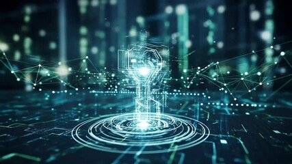 Futuristic digital hologram of a human figure surrounded by glowing data streams and circular interface elements in a dark space - Powered by Adobe