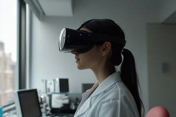 A female scientist in a lab coat uses a VR headset, exploring virtual reality applications in research.