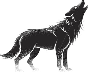 Howling wolf illustration, black and white wildlife art, dotwork animal design, wilderness predator graphic, majestic canine drawing, nature tattoo style artwork