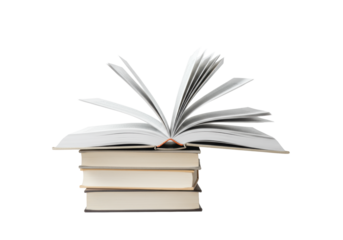 Perfectly composed stack of four plain hardcover books in muted tones, top one open with fanned blank pages, on an immaculate bright white studio background, concept of knowledge and learning