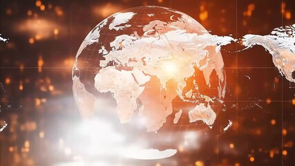 Futuristic digital world map with glowing data points and abstract technology interface in warm orange tones - Powered by Adobe