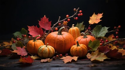 Autumnal Display of Pumpkins, Berries, and Fall Leaves on a Dark Background