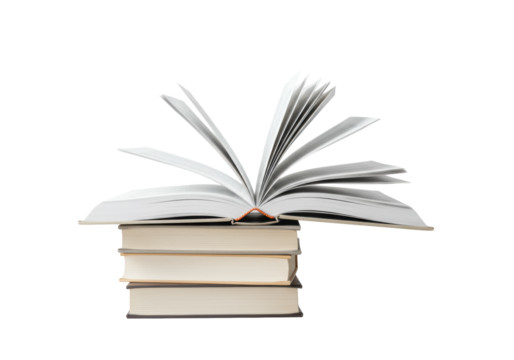 Perfectly composed stack of four plain hardcover books in muted tones, top one open with fanned blank pages, on an immaculate bright white studio background, concept of knowledge and learning