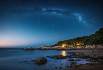 Obraz premium Night Sky Over Ocean Rocks Coastal Landscape Photography