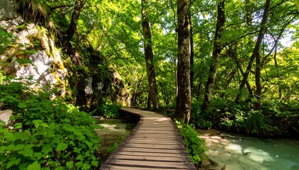 Obraz premium Winding boardwalk path through lush forest
