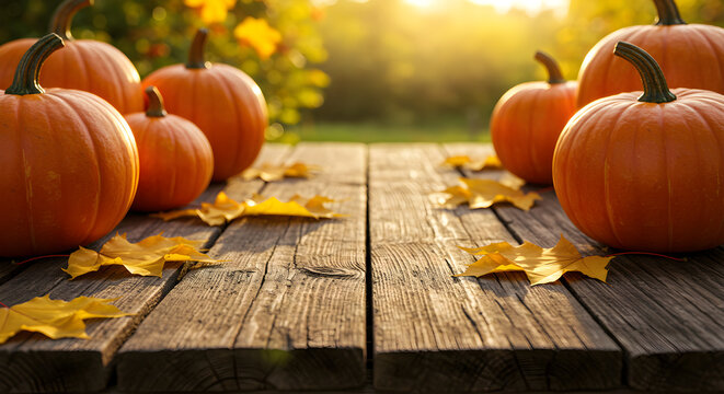 Labu musim gugur pedesaan di atas kayu lapuk dengan daun musim gugur keemasan, cocok untuk panen Thanksgiving, tema Halloween, dan perayaan musiman dengan cahaya hangat
