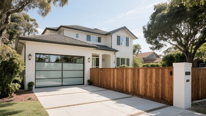 Modern White Two-story House with Black Trim and Wooden Fence in Suburban Neighborhood