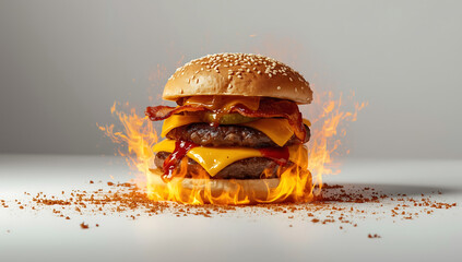 Burger with fire in a black background