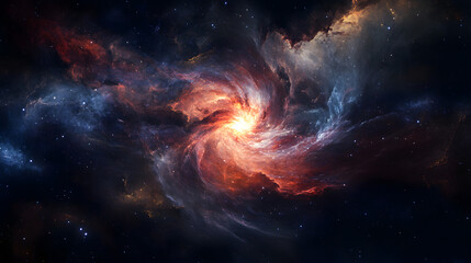 Obraz premium A vibrant cosmic nebula swirling around a distant galaxy.