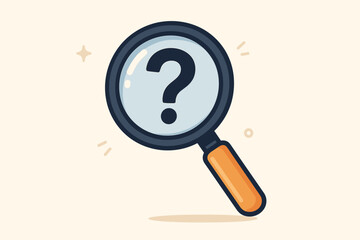 Magnifying glass with a question mark. Concept of finding or searching for an idea or information. Find the answer. Research, investigation, discovery, faq, support, problem.