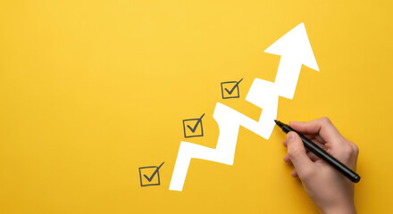 Achieving Milestones A Visual Representation of Progress and Success with an Upward Arrow and Checkmarks on a Vibrant Yellow Background Symbolizing Goals and Accomplishments