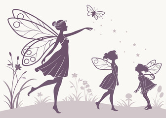 Fototapeta premium Three Fairies And Butterfly In A Meadow With Flowers