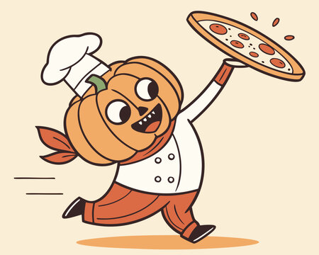 Running Pumpkin Chef with Pizza and Autumn Scarf vector