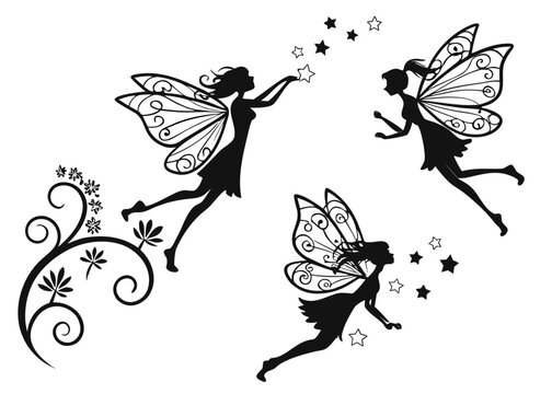 Three black silhouette fairies with butterfly wings and floral swirl