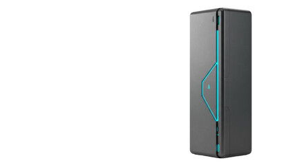 Sleek, unbranded, matte dark grey high-tech device with subtle glowing blue/cyan accents, isolated on a seamless infinity white studio background with copy space, concept of cutting-edge technology