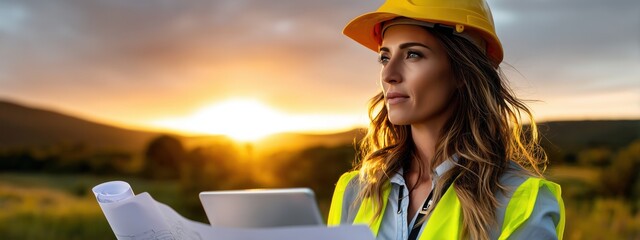 Une femme ingénieur, d'une trentaine d'années, portant un casque de sécurité et un gilet jaune, tenant un plan de construction, arrière-plan de nature avec lever de soleil.